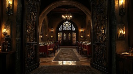 Obraz premium A Gothic-style doorway with arched stained glass and iron accents, framing a dining room with tall candelabras, heavy wooden furniture, and a vaulted ceiling adorned with medieval chandeliers. Dark,