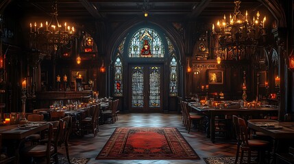 Obraz premium A Gothic-style doorway with arched stained glass and iron accents, framing a dining room with tall candelabras, heavy wooden furniture, and a vaulted ceiling adorned with medieval chandeliers. Dark,