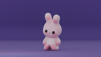Cute little chibi bunny. Little pink rabbit. Copyspace background. 3d render, 3d illustration.