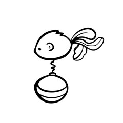 Cat toy mouse with spring on ball. Hand drawn pet accessory. Sketch style Illustration of Pets, cats. Sketch style Illustration for Pet shops, logo, postcards. Funny Crooked doodle vector icon.