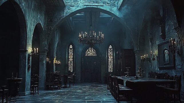 A Gothic-style doorway with arched stained glass and iron accents, framing a dining room with tall candelabras, heavy wooden furniture, and a vaulted ceiling adorned with medieval chandeliers. Dark, - Powered by Adobe