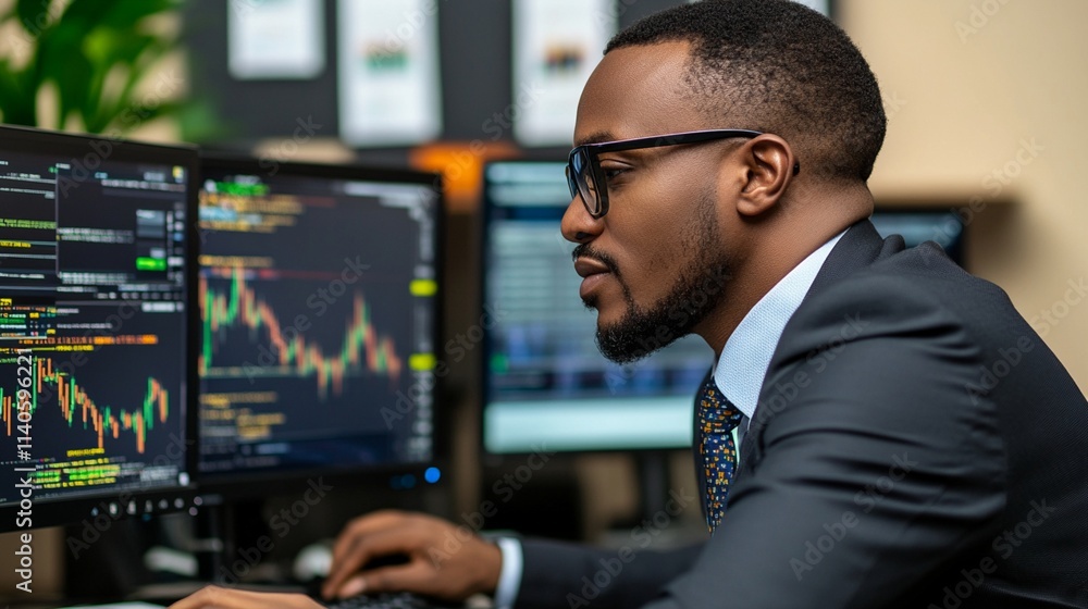 Poster focused professional analyzing live stock market data on dual monitors, utilizing advanced financial
