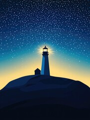 Illustration of a lighthouse glowing brightly on a hill under a star-filled sky, ideal for inspirational posters, maritime themes, and serene artwork...