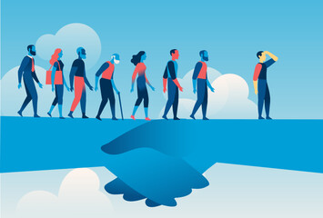 A line of diverse people walks across a large helping hand against a blue sky background, symbolizing support, guidance, and transition.