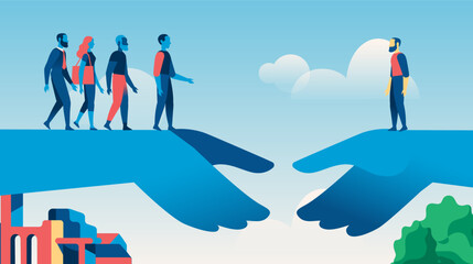 Supporting Hands Bridge. A group of people crossing a bridge formed by two hands, symbolizing support and connection.