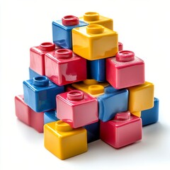 Colorful building blocks stacked creatively in various shapes on a white background