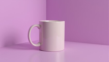 White mug standing in a purple corner, minimalist still life
