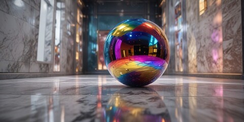 Fototapeta premium Reflective disco sphere suspended from the ceiling, casting a kaleidoscope of colors and lights onto a polished marble floor , colorful lights, reflective surface, bokeh background
