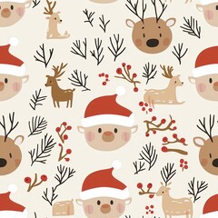 Gift wrap and christmas of A playful festive pattern featuring reindeer and Santa faces with holiday decorations.