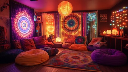 A psychedelic beaded curtain doorway with swirling patterns, opening into a retro living room filled with lava lamps, bean bags, and a tie-dye wall hanging under warm dim lighting. Groovy, vibrant,