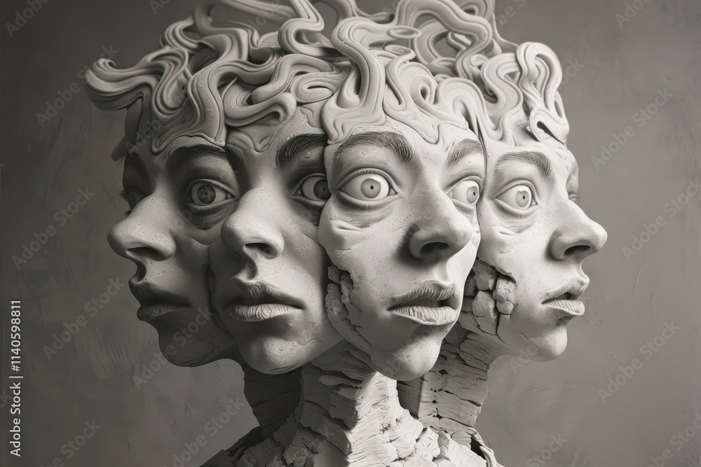 Poster Surreal artwork featuring multiple intertwined faces with intricate details and vibrant colors in an abstract composition