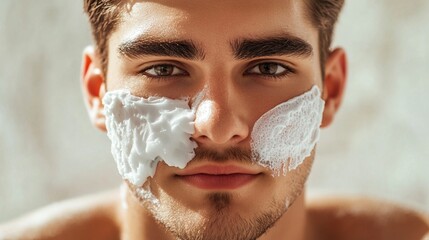 Close-up portrait of a young man's face with white shaving cream applied to his cheeks during morning grooming routine, illuminated by warm natural lighting.