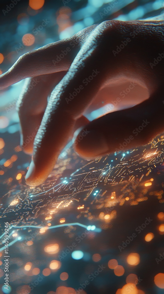Poster intricate patterns illuminated by a gentle touch, revealing the dance of light and technology in a m