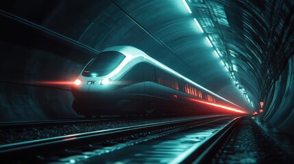 A high-speed train passing through a dark tunnel at night, with the tunnel interior lit up by the train bright, glowing lights