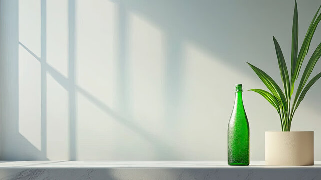 Green Bottle Of Sparkling Water With Plant In Sunlight