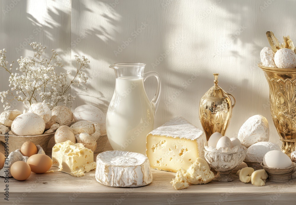 Poster Fresh Dairy and Cheese Display with Eggs and Decorative Elements on a Rustic Table in Natural Light with Delicate Shadows and Floral Accents
