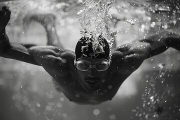 Competitive swimmer performing butterfly stroke in a swimming pool during a timed event at a local meet