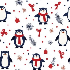 Fototapeta premium Gift wrap and christmas of Cheerful penguin pattern adorned with festive decorations, perfect for seasonal designs.