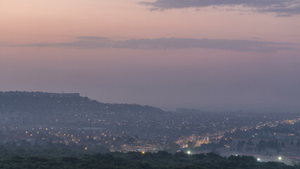A bird's eye view before sunrise over Turkey night to day timelapse. Turkey.