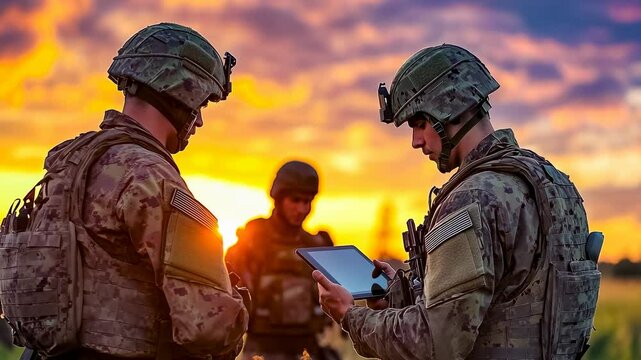 Two soldiers, possibly Caucasian, review data on a digital tablet during a sunset, clad in full gear. The scene conveys themes of military technology, strategy, and camaraderie in a serene setting.