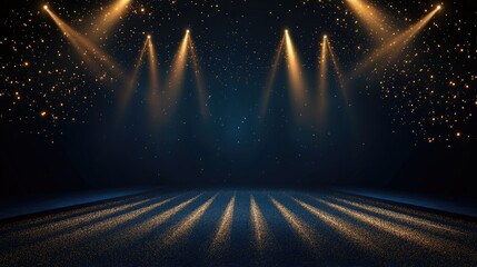 Dark blue stage with gold spotlight lines and shiny texture for award ceremony design
