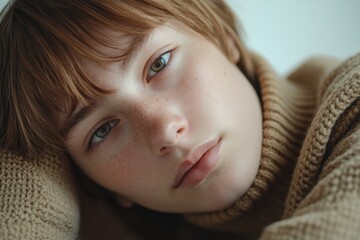 portrait of a person with brown hair and freckles wearing a beige sweater