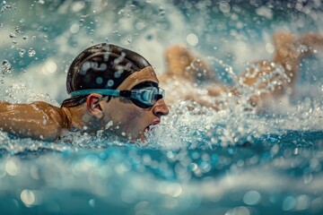 Swimmer with orange cap competes in water during a dynamic water polo match at an indoor aquatic facility in the evening