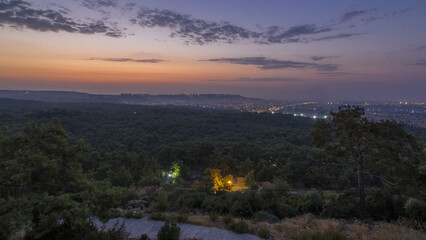 A bird's eye view before sunrise over Turkey night to day timelapse. Turkey.