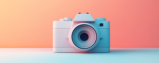 Fototapeta premium White minimalist camera on gradient background representing photography and memories
