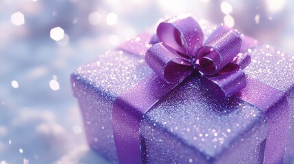 Fototapeta premium Purple gift box sparkling on a glittering background