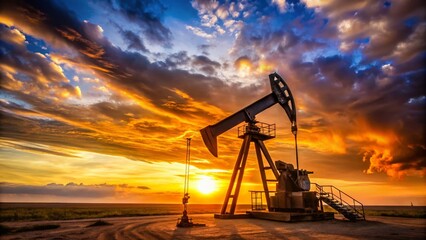 Fototapeta premium Oil Pump Jack Sunset Landscape - High Resolution Photo, HDR Photography, Deep Depth of Field, Dramatic Sky, Energy Industry, Oil Field, Western Landscape