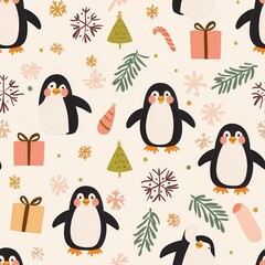Fototapeta premium Gift wrap and christmas of Cute penguin pattern with festive elements like gifts and snowflakes.
