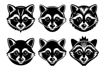 6 different styles of raccoon heads vector silhouette