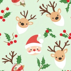 Gift wrap and christmas of Festive Christmas pattern with Santa, reindeer, and holly leaves on a mint green background.