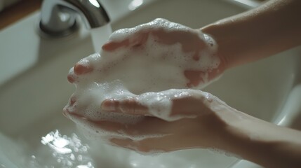 Fototapeta premium Hands with Soap in a Sink Water Scene