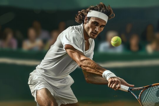 Dynamic tennis player performs a powerful backhand stroke on a clay court during an intense match in a vibrant setting - Powered by Adobe