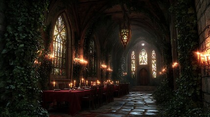Fototapeta premium A towering Gothic arched doorway framed with ivy-covered stone, leading to a dining hall with vaulted ceilings, stained glass windows, and a candlelit banquet table draped in crimson cloth.