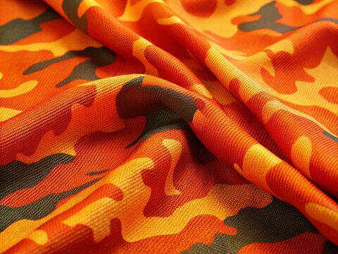 Orange Camouflage Pattern,  Military Orange Camo Design,  Hunter Orange Concealment,  Autumnal Camouflage Fabric Texture,  Bright Orange Woodland Camo Print