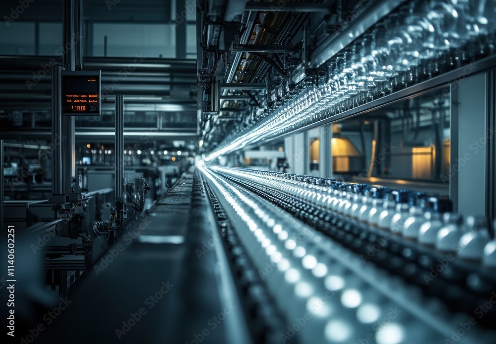 Poster industrial bottling line with bottles in motion under bright lights in a modern factory setting feat