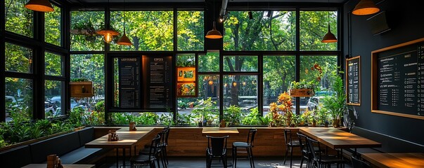 Sunlit cafe interior with large windows, wooden tables and chairs, and lush greenery.