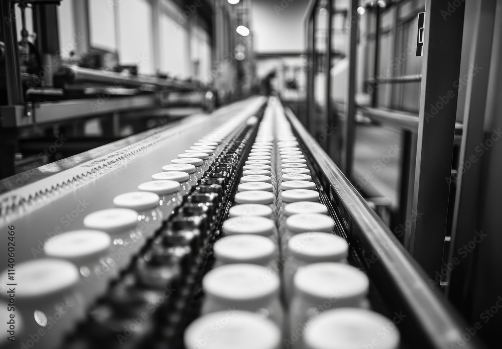 Poster industrial production line focused on bottles arrange in rows on conveyor belt, depicting high-tech 