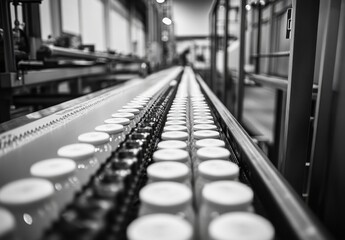 Obraz premium Industrial Production Line Focused on Bottles Arrange in Rows on Conveyor Belt, Depicting High-Tech Manufacturing Environment and Workflow Efficiency