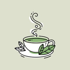 Linear cup of tea with green leaves. Vector illustration. 
