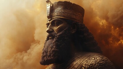 Majestic statue of gilgamesh emerging from golden smoke