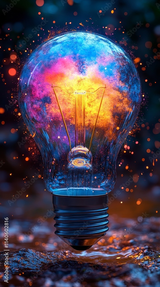 Poster vibrant lightbulb illuminating creativity with colorful sparks in a mystical setting at dusk