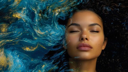 woman’s face overlaid with the image of abstract swirling colors and patterns, reflecting the complexity of emotions and thoughts often associated with mental health struggles. The image is 