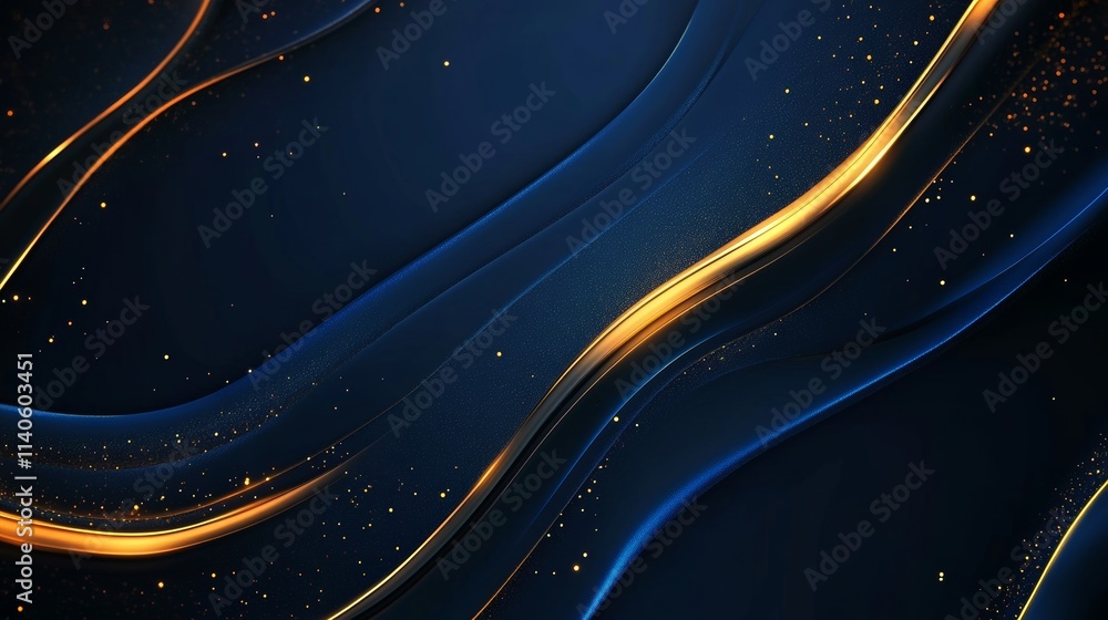 Poster Dynamic Waves of Golden and Blue Intertwine in an Abstract Cosmic Design Illuminated by Shimmering Stars, Creating a Mesmerizing Flow That Captivates the Viewer’s Imagination