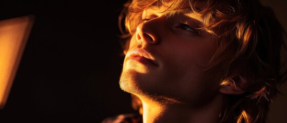 close up shot of person with wavy hair illuminated by light