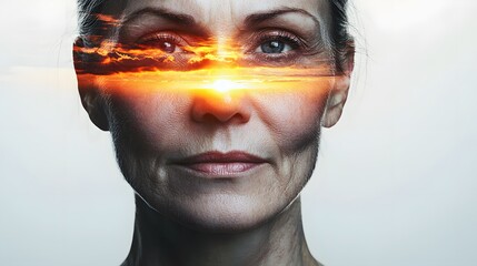 double exposure of a woman with a sunset reflection on her face, where the warm colors represent the resilience and strength found in mental health recovery. Her facial expression conveys calm, 