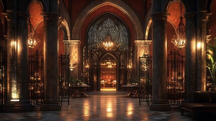Fototapeta premium An imposing Gothic doorway with pointed arches and intricate iron gates, leading to a dining hall featuring dramatic lighting, a grand banquet table, and towering columns. Bold, mysterious,